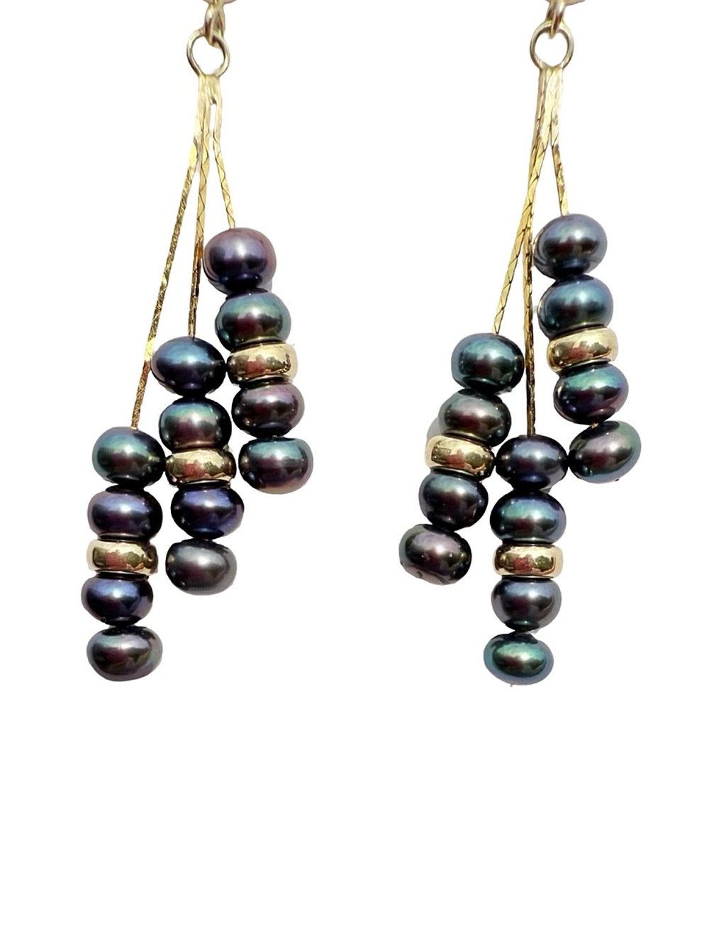Gold & Black Pearl Cluster Drop Earrings - Elegant Women's Jewelry - Picture 12 of 16